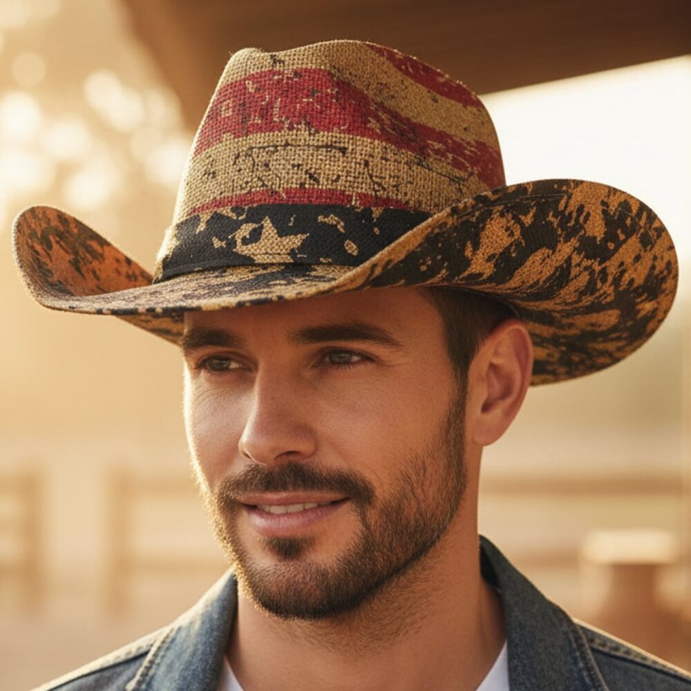 Tea Stained Paper Straw‎ American Flag Fashion Cowboy Hat Vintage Look OS NWT